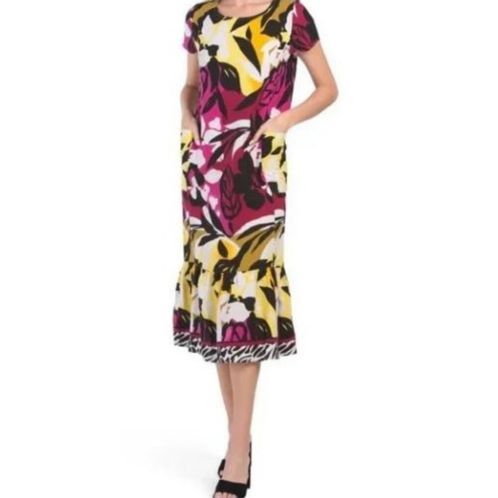 For Cynthia Tropical Print Short Sleeve Linen Dress  - Size Medium